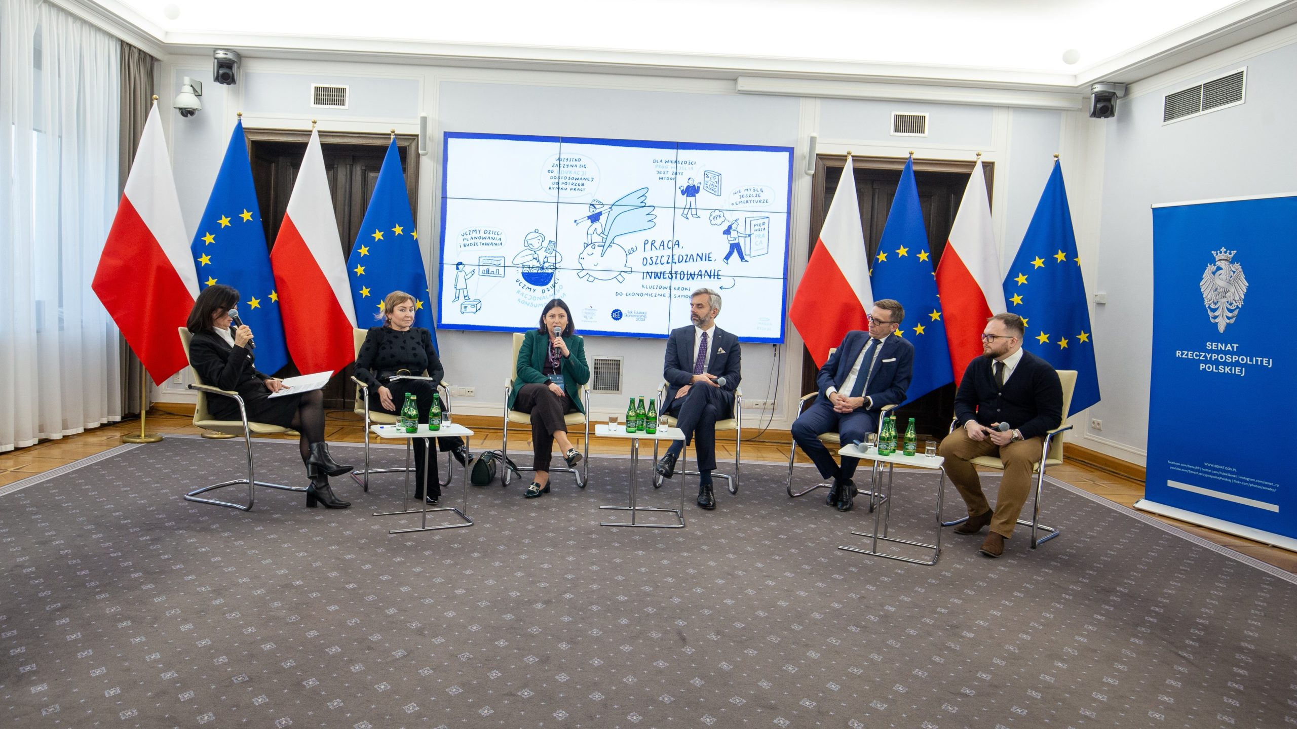 Konferencja „Rok Edukacji Ekonomicznej 2024: efekty – wyzwania – rekomendacje” - 14 stycznia 2025 r., Warszawa, Senat RP - Panel II: Praca, oszczędzanie, inwestowanie – kluczowe kroki do ekonomicznej samodzielności: Moderator: Alina Bączar, prezes Fundacji GPW; Michał Kobza, członek Zarządu Giełdy Papierów Wartościowych; Marta Damm-Świerkocka, członkini Zarządu PFR Portalu PPK; Jarosław Dominiak, prezes Zarządu Stowarzyszenia Inwestorów Indywidualnych; Tomasz Jaroszek, prezes Fundacji na rzecz Edukacji Ekonomicznej Polaków; Małgorzata Rusewicz, prezes Zarządu Izby Gospodarczej Towarzystw Emertytalnych oraz Izby Zarządzających Funduszami i Aktywami