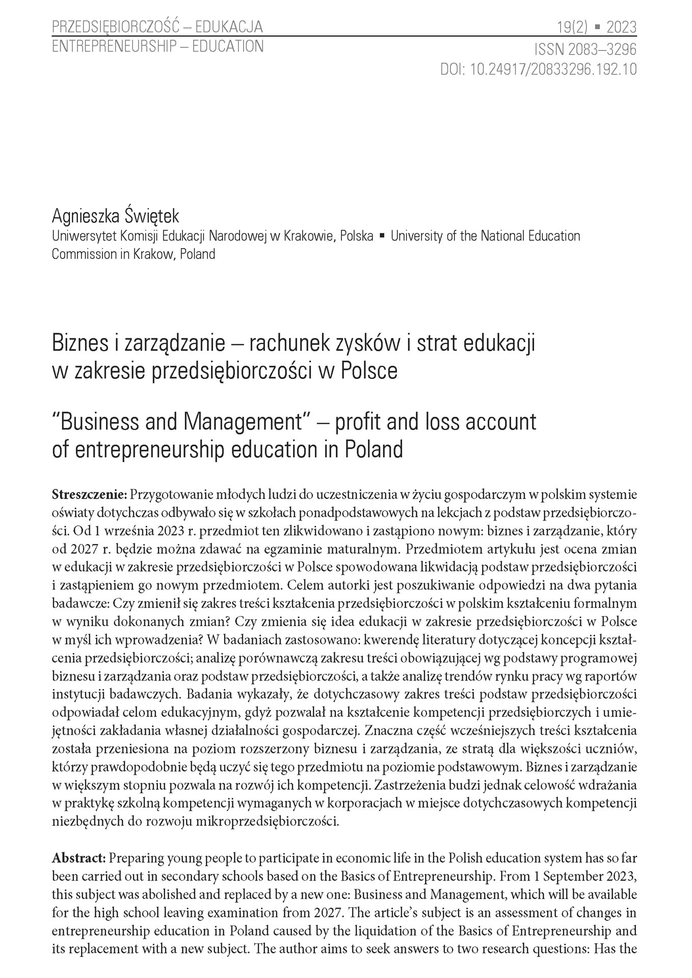 Biznes i zarządzanie – rachunek zysków i strat edukacji w zakresie przedsiębiorczości w Polsce