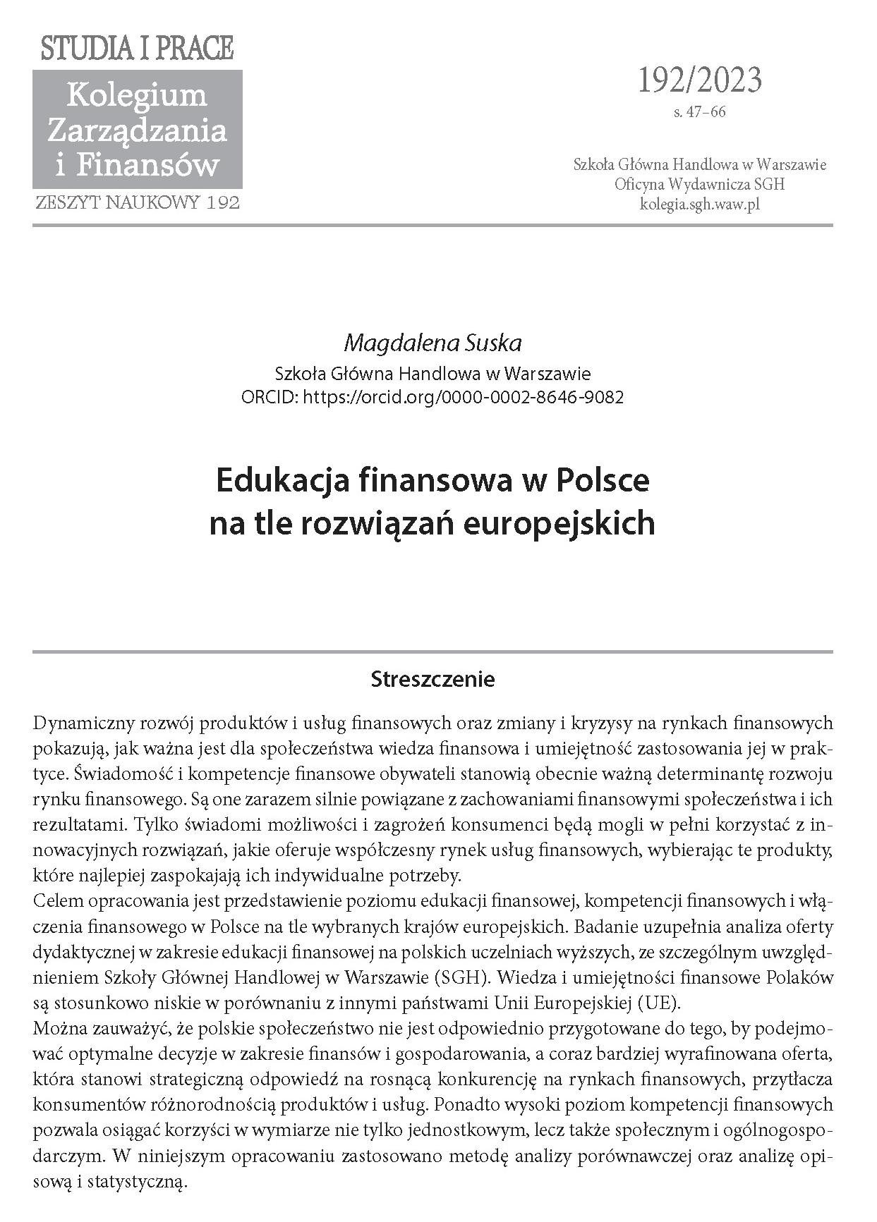 Edukacja finansowa w Polsce na tle rozwiązań europejskich