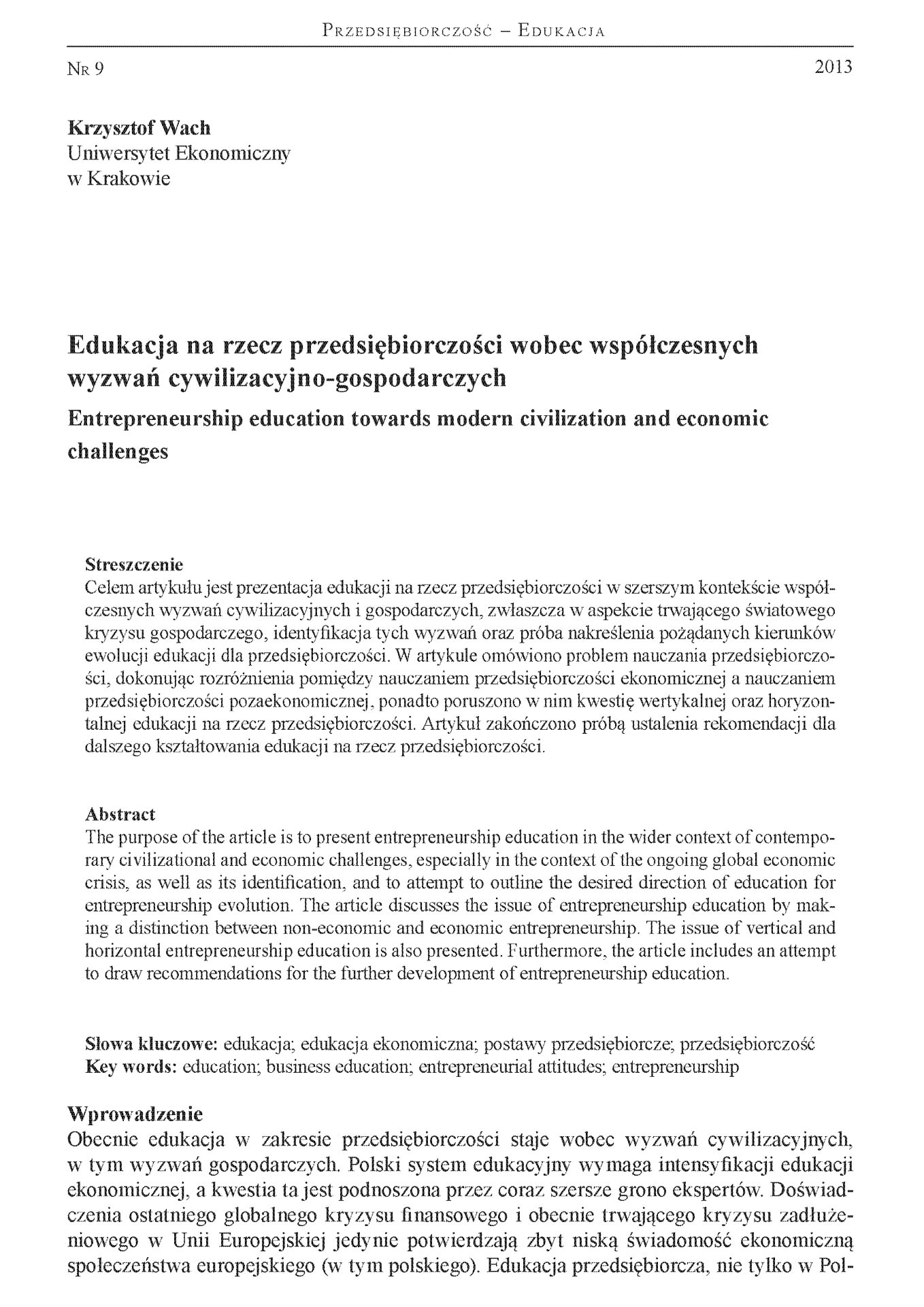 Edukacja na rzecz przedsiębiorczości wobec współczesnych wyzwań cywilizacyjno-gospodarczych