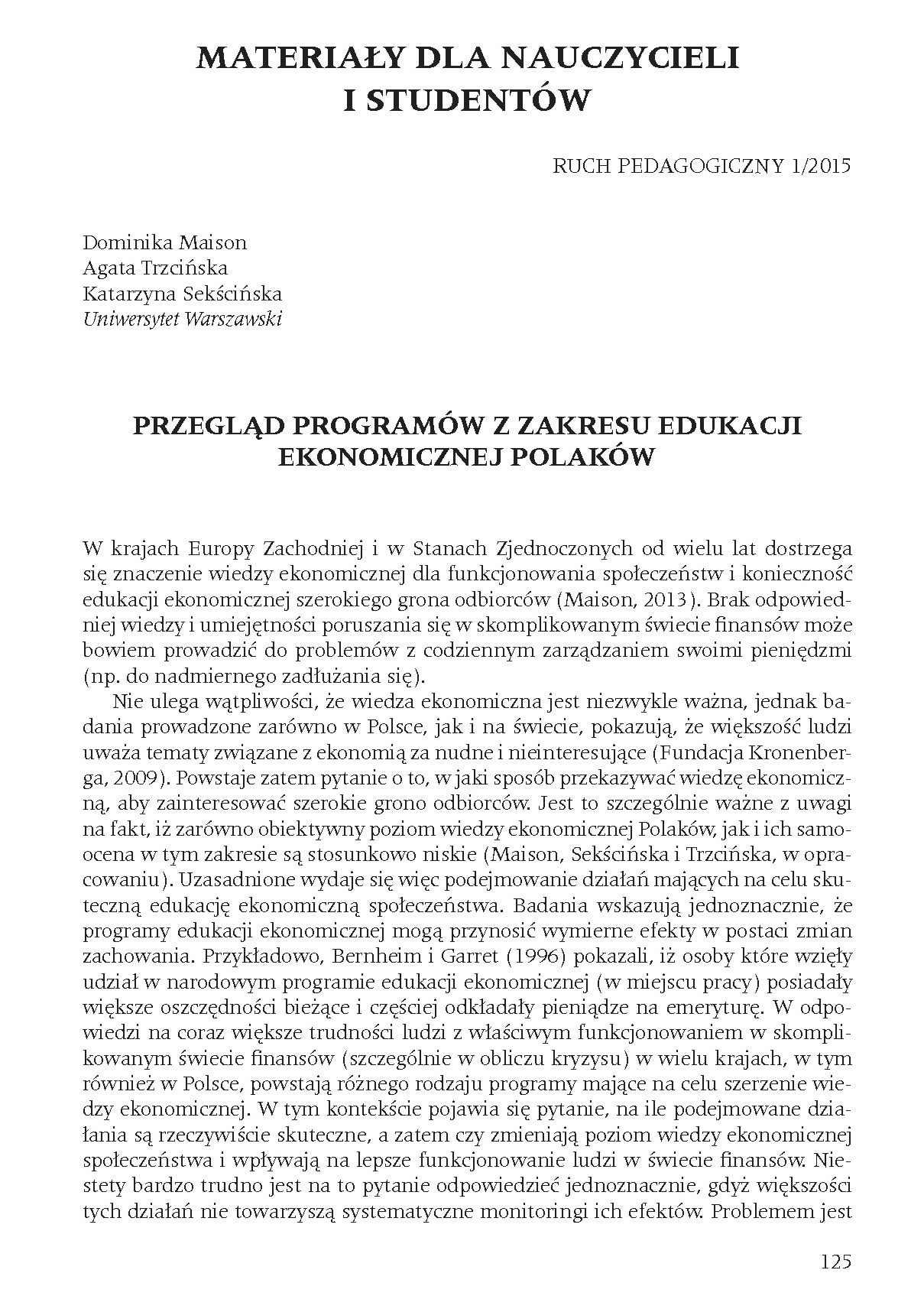 Przegląd programów z zakresu edukacji ekonomicznej Polaków