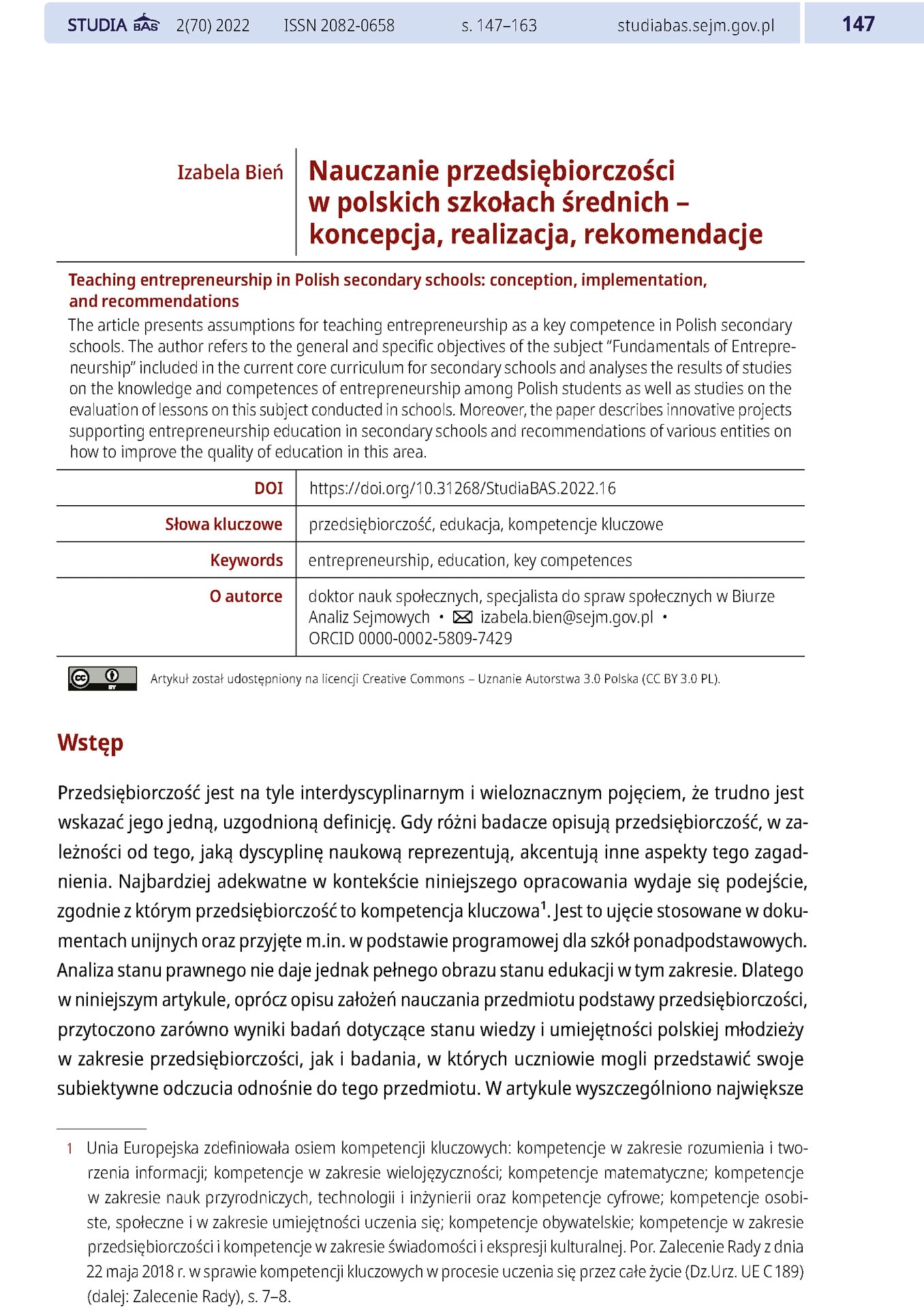 Nauczanie przedsiębiorczości w polskich szkołach średnich – koncepcja, realizacja, rekomendacje