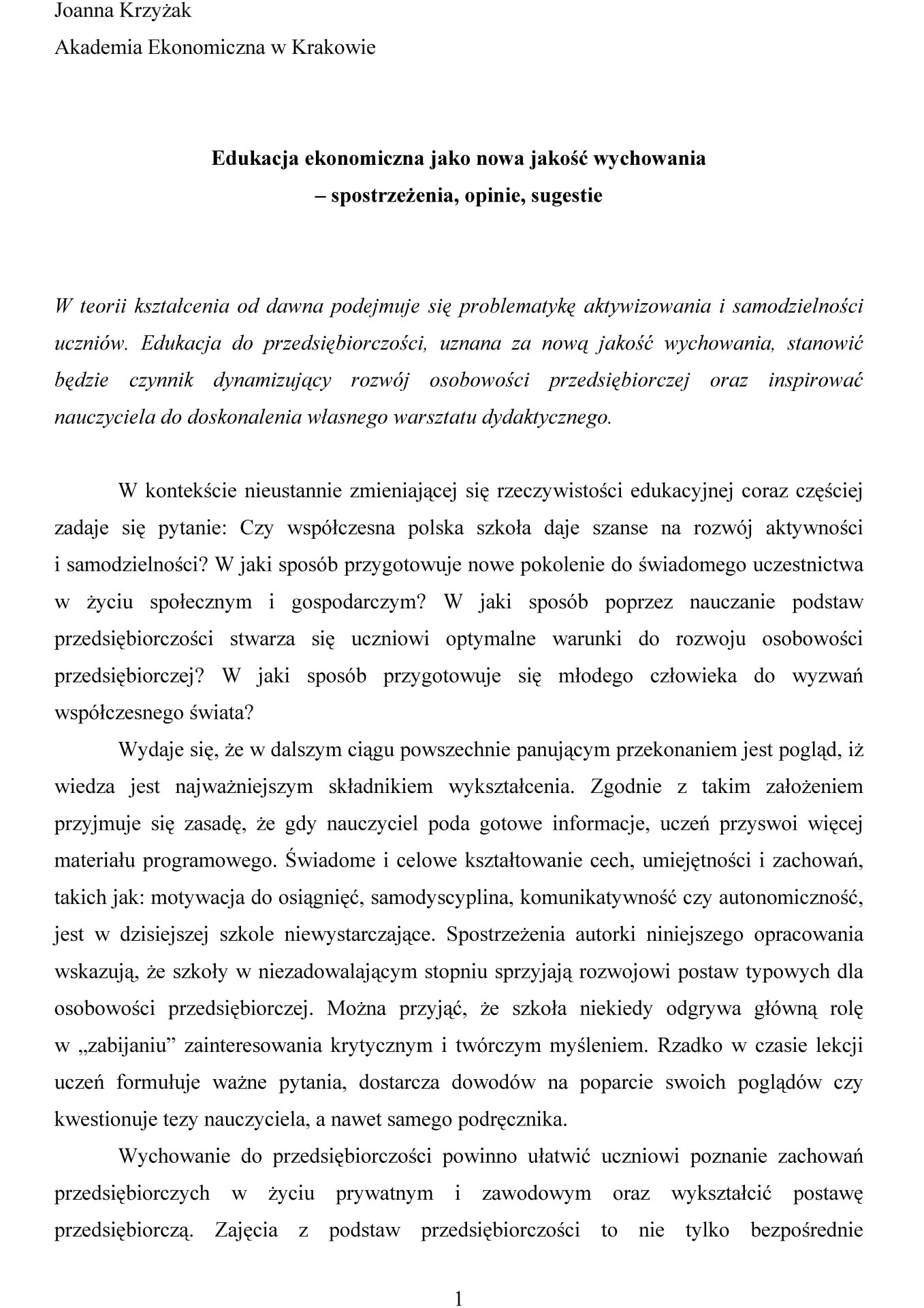 Edukacja ekonomiczna jako nowa jakość wychowania – spostrzeżenia, opinie, sugestie