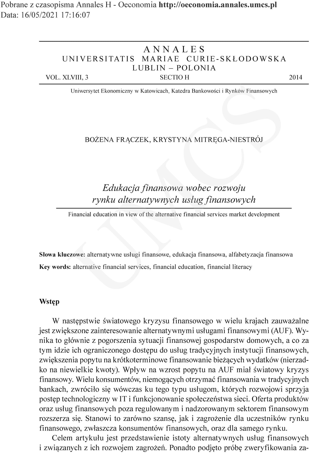 Edukacja finansowa wobec rozwoju rynku alternatywnych usług finansowych