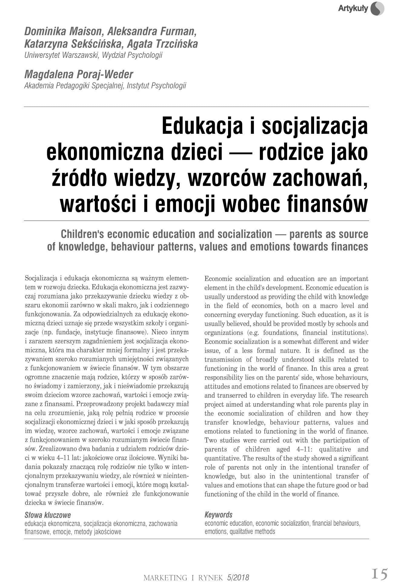 Edukacja i socjalizacja ekonomiczna dzieci – rodzice jako źródło wiedzy, wzorców zachowań, wartości i emocji wobec finansów