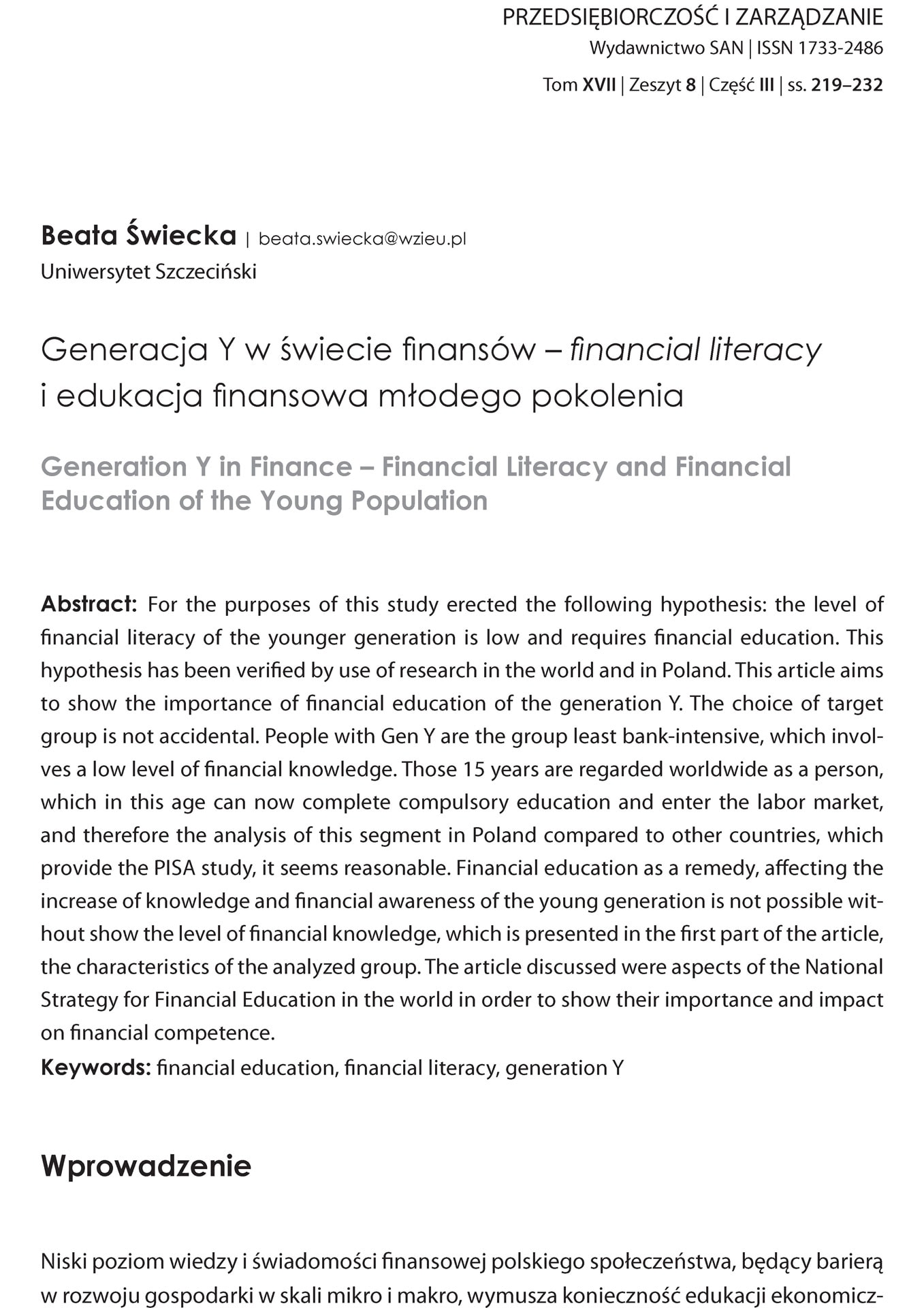 Generacja Y w świecie finansów – financial literacy i edukacja finansowa młodego pokolenia