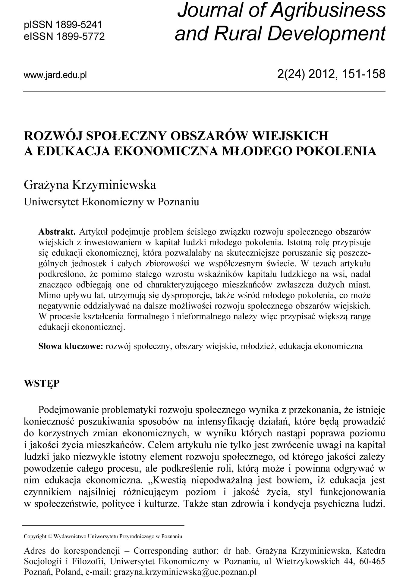 Rozwój społeczny obszarów wiejskich a edukacja ekonomiczna młodego pokolenia