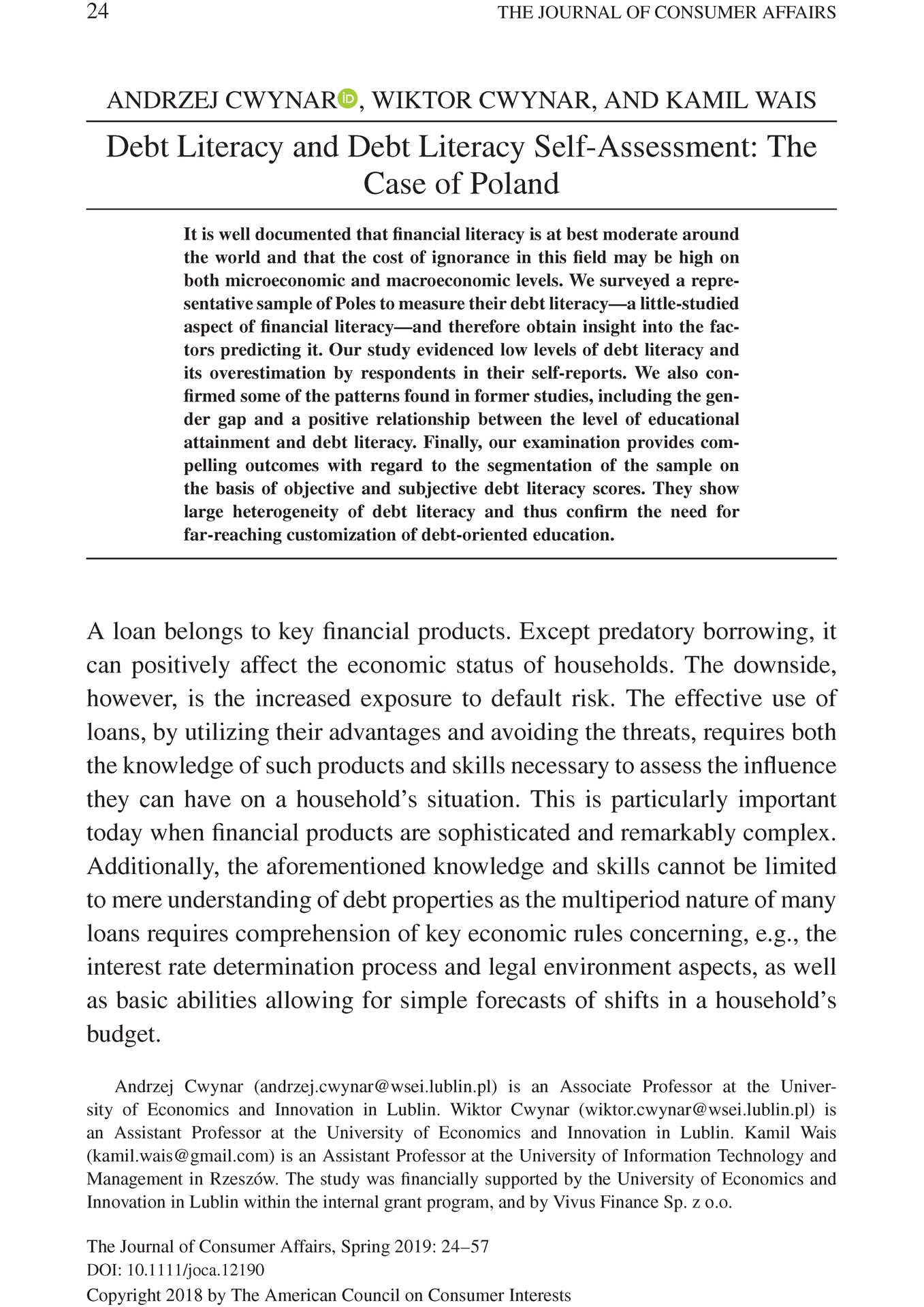 Wiedza o długach i samoocena wiedzy o długach: przypadek Polski / Debt Literacy and Debt Literacy Self-Assessment: The Case of Poland