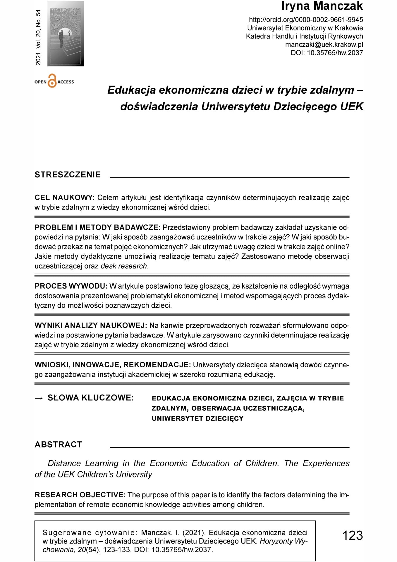 Edukacja ekonomiczna dzieci w trybie zdalnym – doświadczenia Uniwersytetu Dziecięcego UEK