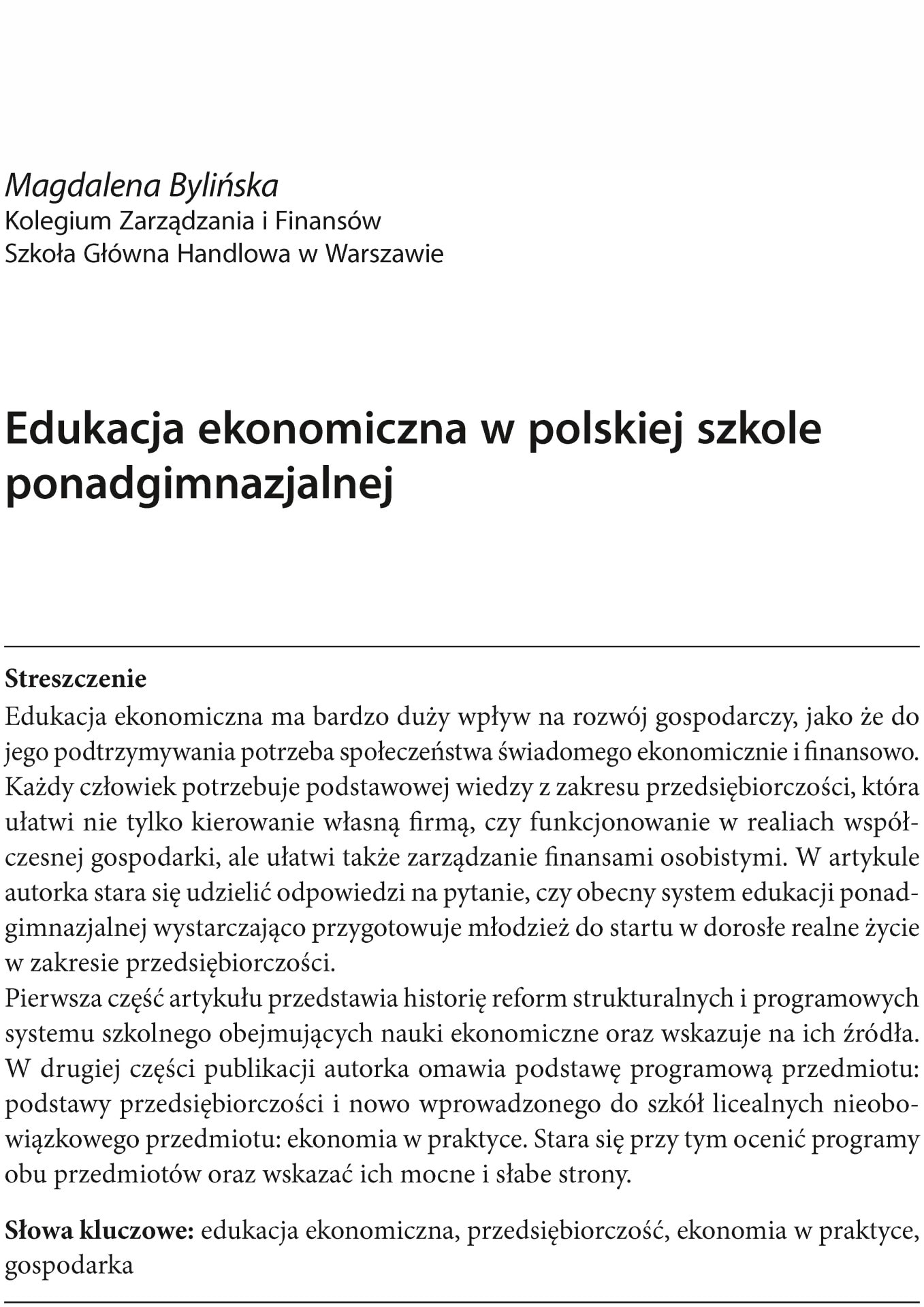 Edukacja ekonomiczna w polskiej szkole ponadgimnazjalnej