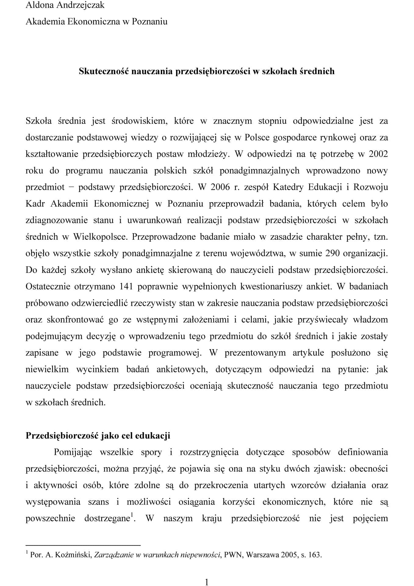 Skuteczność nauczania przedsiębiorczości w szkołach średnich