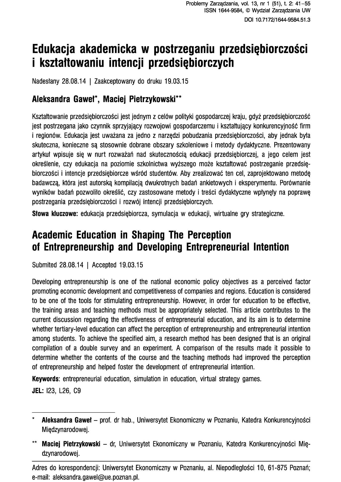 Edukacja akademicka w postrzeganiu przedsiębiorczości i kształtowaniu intencji przedsiębiorczych
