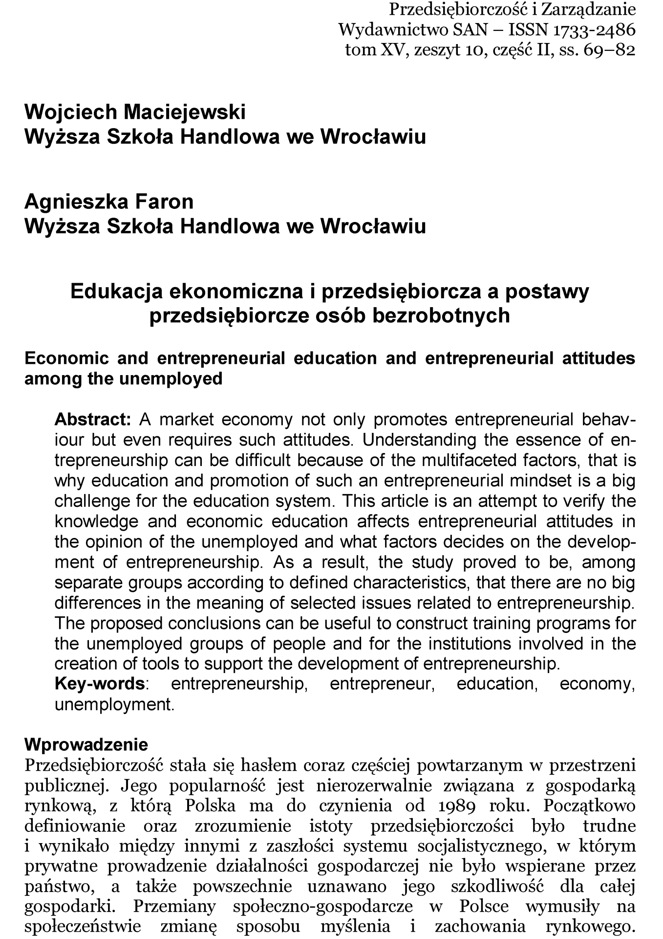 Edukacja ekonomiczna i przedsiębiorcza a postawy przedsiębiorcze osób bezrobotnych