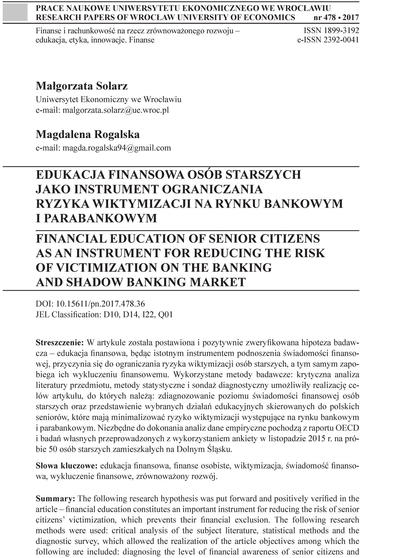 Edukacja finansowa osób starszych jako instrument ograniczania ryzyka wiktymizacji na rynku bankowym i parabankowym