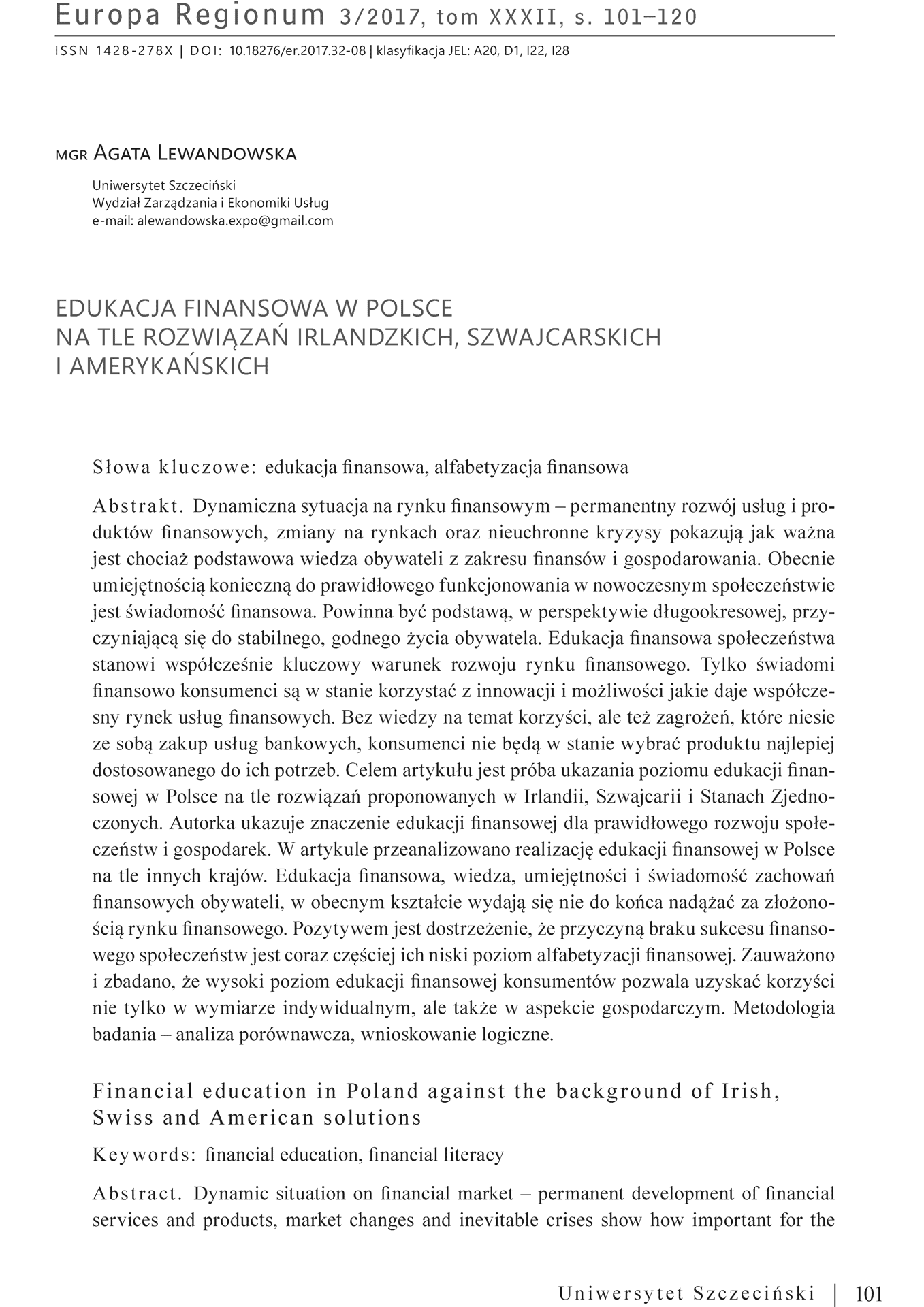 Edukacja finansowa w Polsce na tle rozwiązań irlandzkich, szwajcarskich i amerykańskich