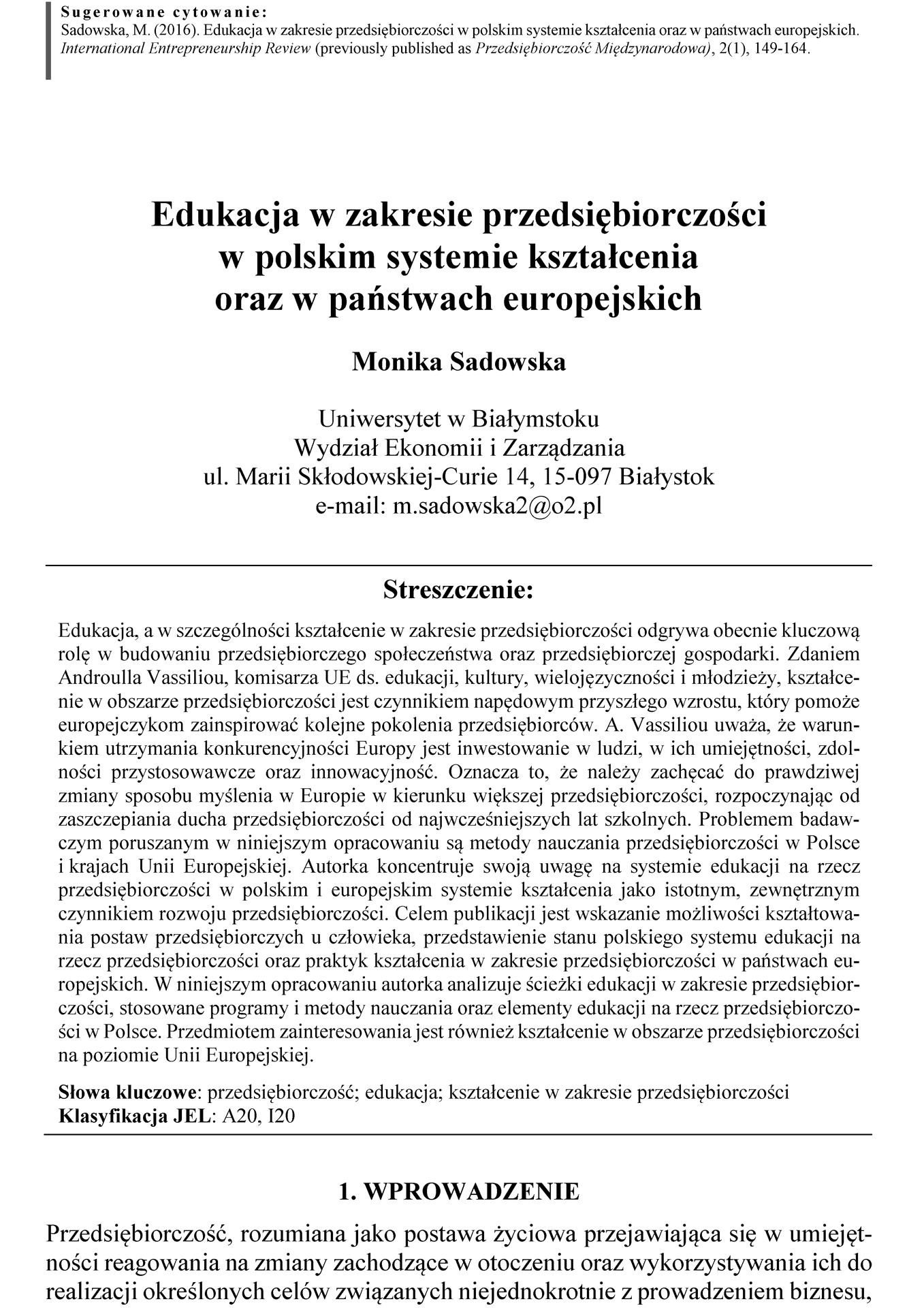 Edukacja w zakresie przedsiębiorczości w polskim systemie kształcenia oraz w państwach europejskich