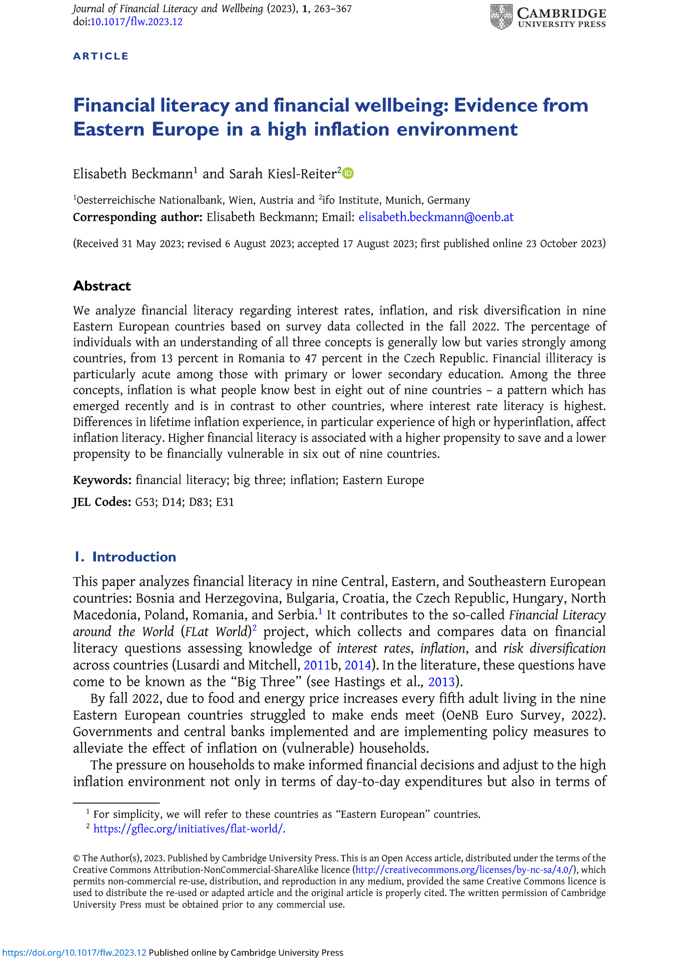Financial literacy and financial wellbeing: Evidence from Eastern Europe in a high inflation environment [Wiedza finansowa a dobrobyt finansowy: Wyniki badań z Europy Wschodniej w warunkach wysokiej inflacji]
