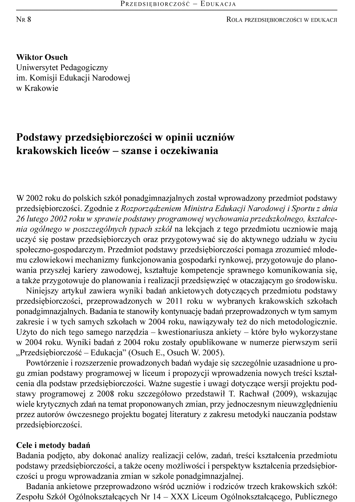 Podstawy przedsiębiorczości w opinii uczniów krakowskich liceów – szanse i oczekiwania