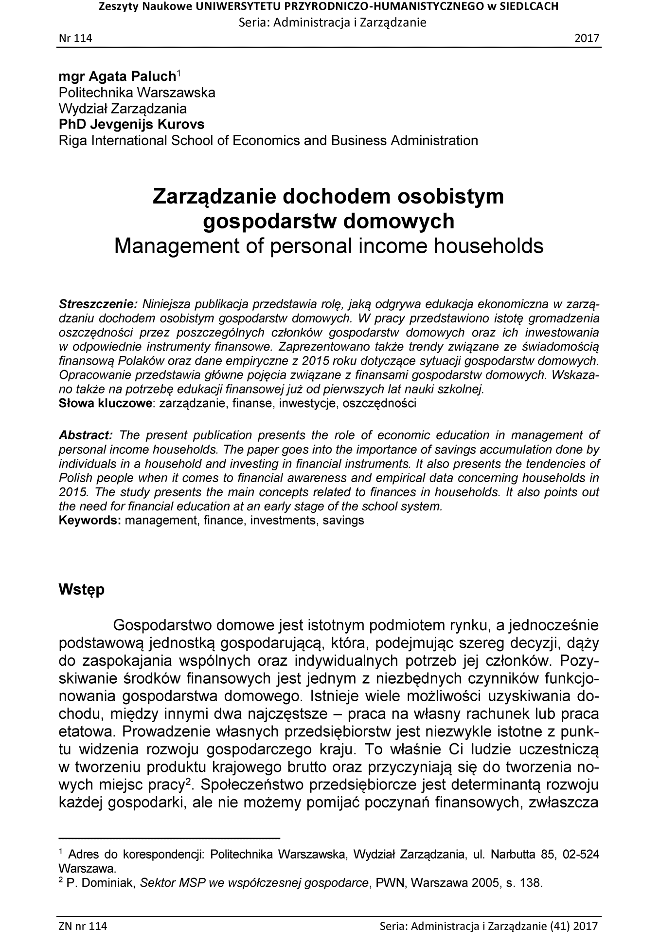 Zarządzanie dochodem osobistym gospodarstw domowych