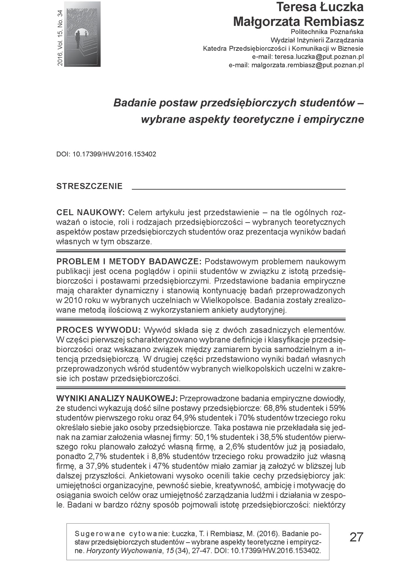 Badanie postaw przedsiębiorczych studentów – wybrane aspekty teoretyczne i empiryczne