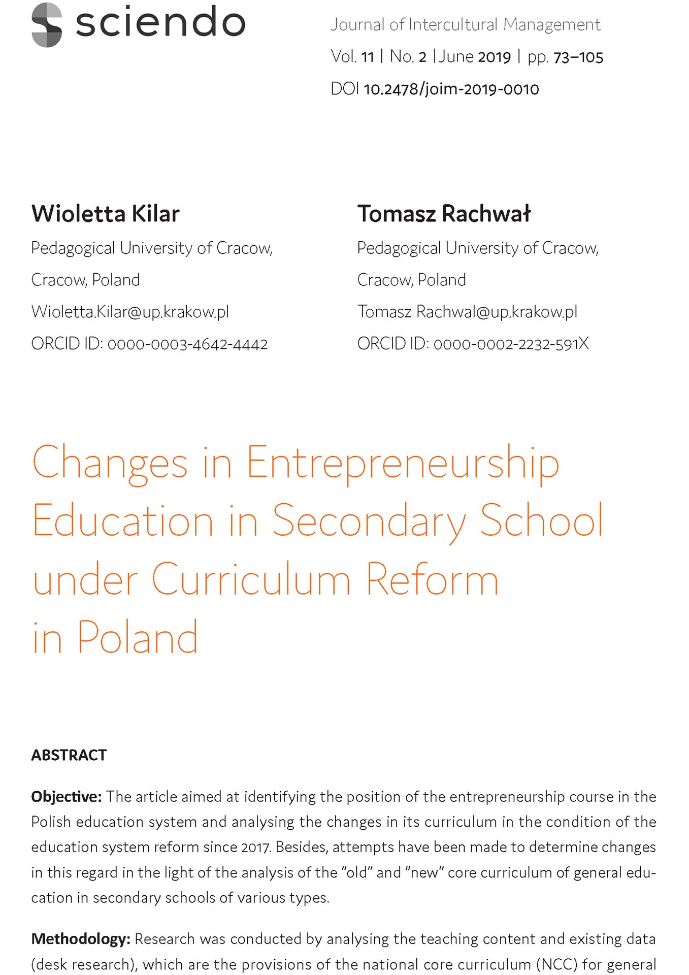 Changes in Entrepreneurship Education in Secondary School under Curriculum Reform in Poland (Zmiany w edukacji przedsiębiorczości w szkołach średnich w ramach reformy programu nauczania w Polsce)