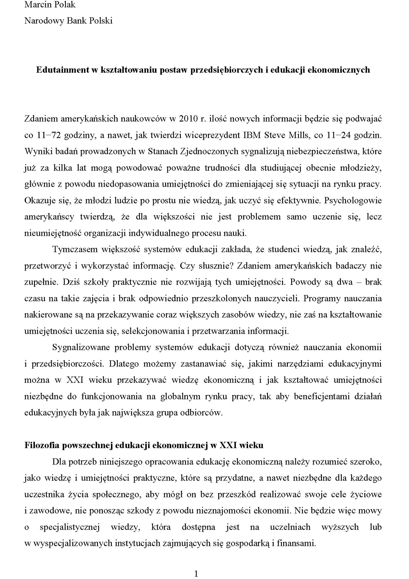 Edutainment w kształtowaniu postaw przedsiębiorczych i edukacji ekonomicznych