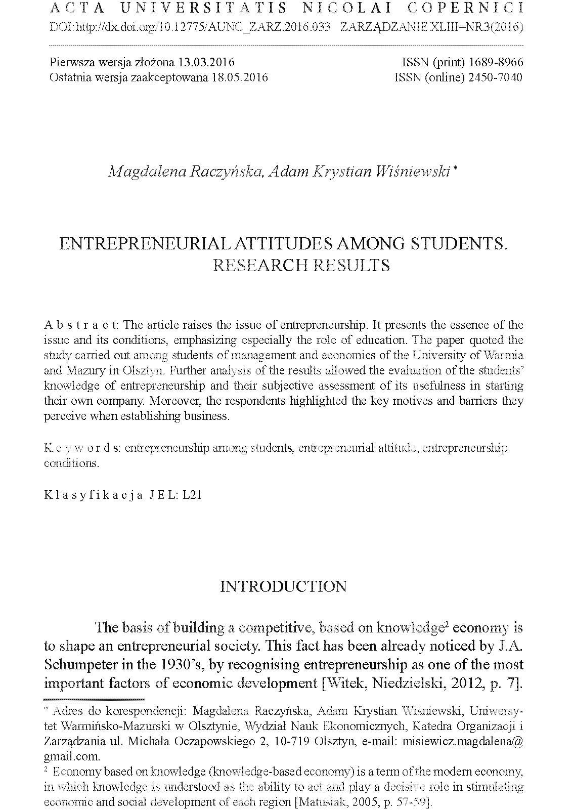 Entrepreneurial attitudes among students. Research results (Postawy przedsiębiorcze wśród studentów. Wyniki badań)