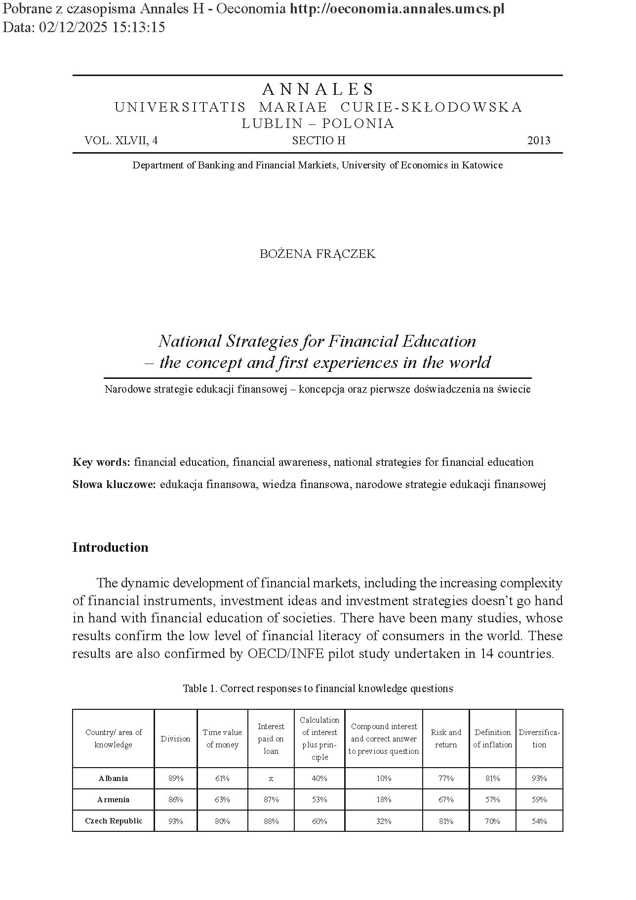 National Strategies for Financial Education – the concept and first experiences in the world (Narodowe strategie edukacji finansowej – koncepcja oraz pierwsze doświadczenia na świecie)