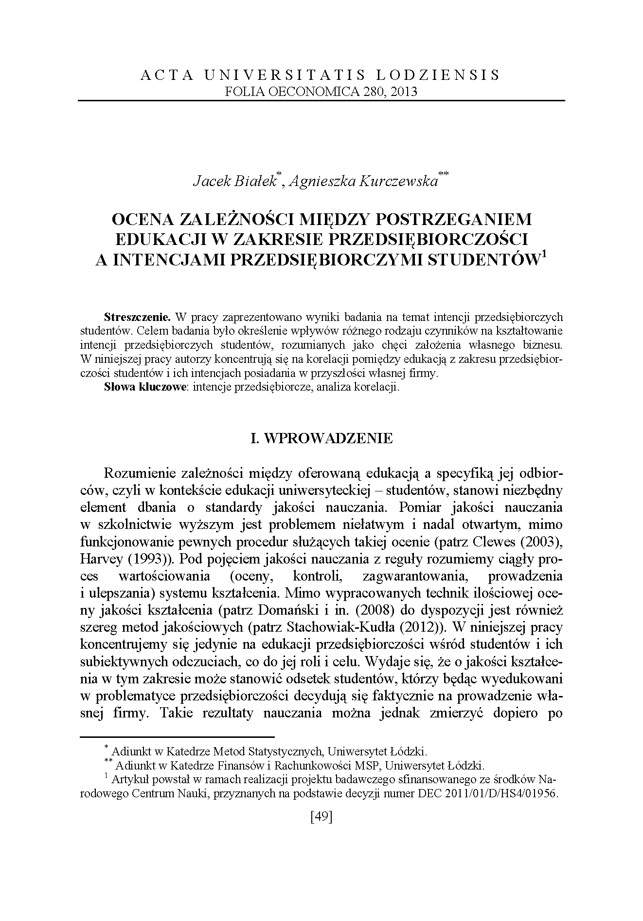 Ocena zależności między postrzeganiem edukacji w zakresie przedsiębiorczości a intencjami przedsiębiorczymi studentów