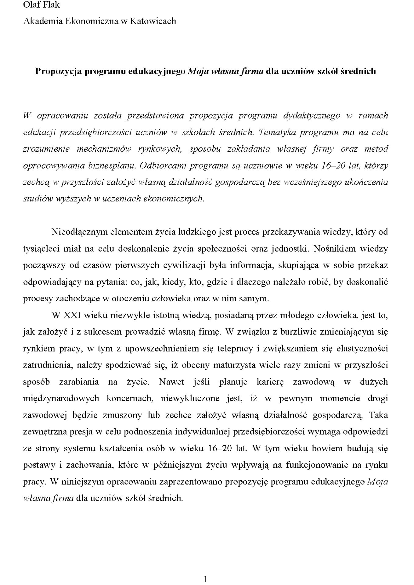 Propozycja programu edukacyjnego Moja własna firma dla uczniów szkół średnich