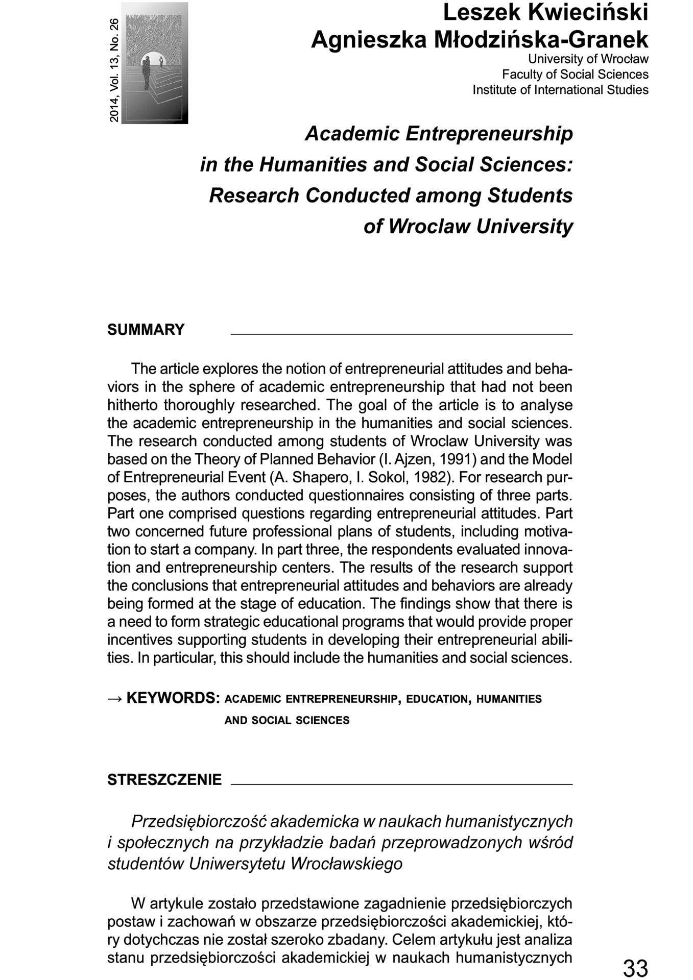 Przedsiębiorczość akademicka w naukach humanistycznych i społecznych na przykładzie badań przeprowadzonych wśród studentów Uniwersytetu Wrocławskiego