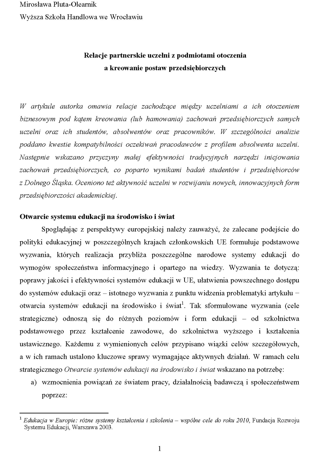 Relacje partnerskie uczelni z podmiotami otoczenia a kreowanie postaw przedsiębiorczych