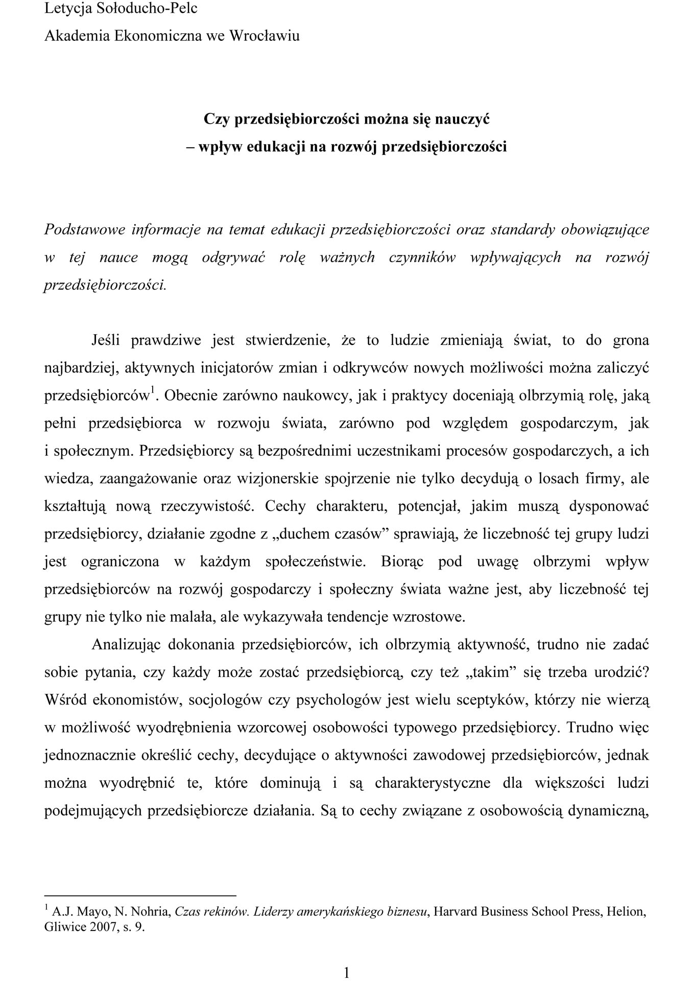 Czy przedsiębiorczości można się nauczyć – wpływ edukacji na rozwój przedsiębiorczości