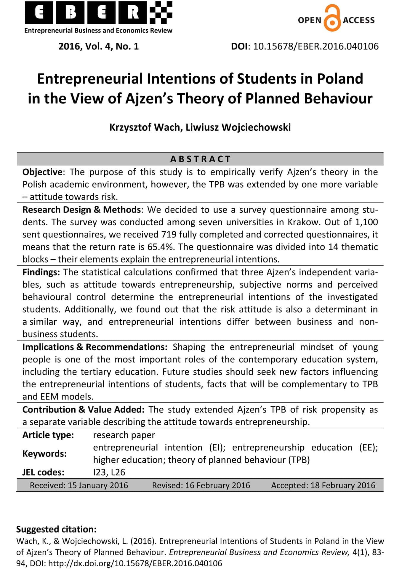 Entrepreneurial Intentions of&nbsp;Students in&nbsp;Poland in&nbsp;the&nbsp;view of&nbsp;Ajzen’s Theory of&nbsp;Planned Behaviour