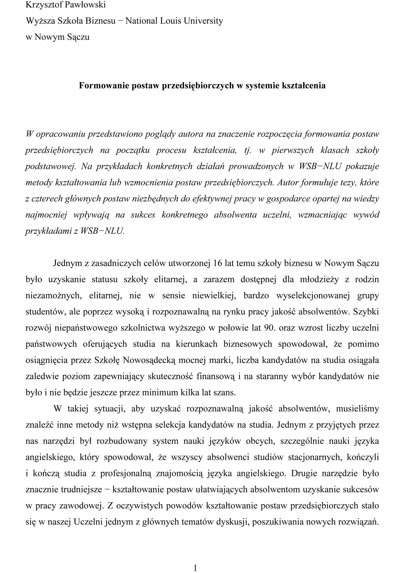 Formowanie postaw przedsiębiorczych w systemie kształcenia