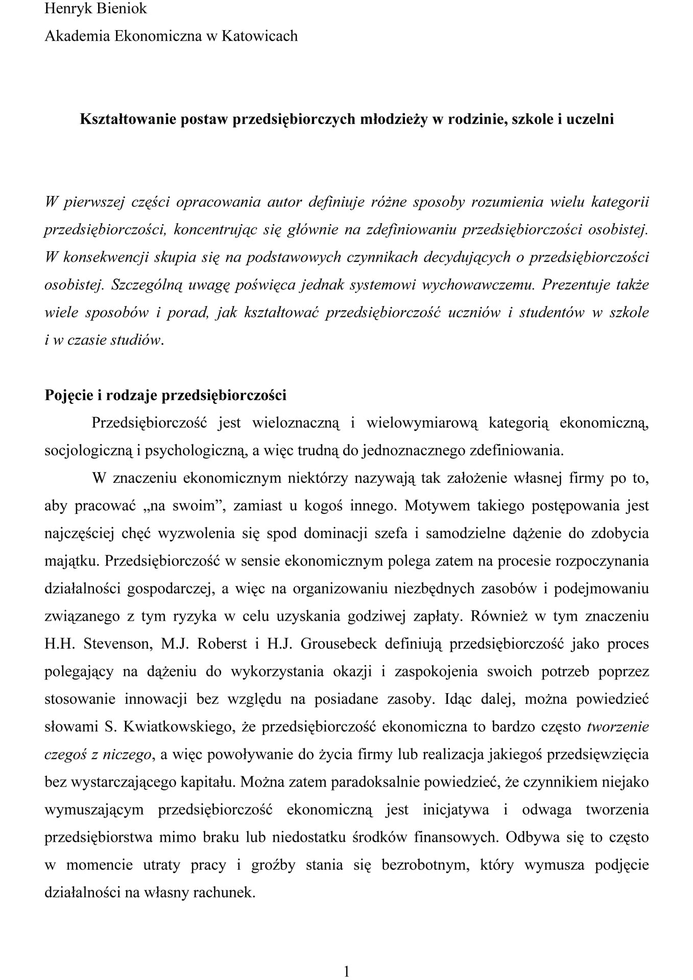 Kształtowanie postaw przedsiębiorczych młodzieży w rodzinie, szkole i uczelni