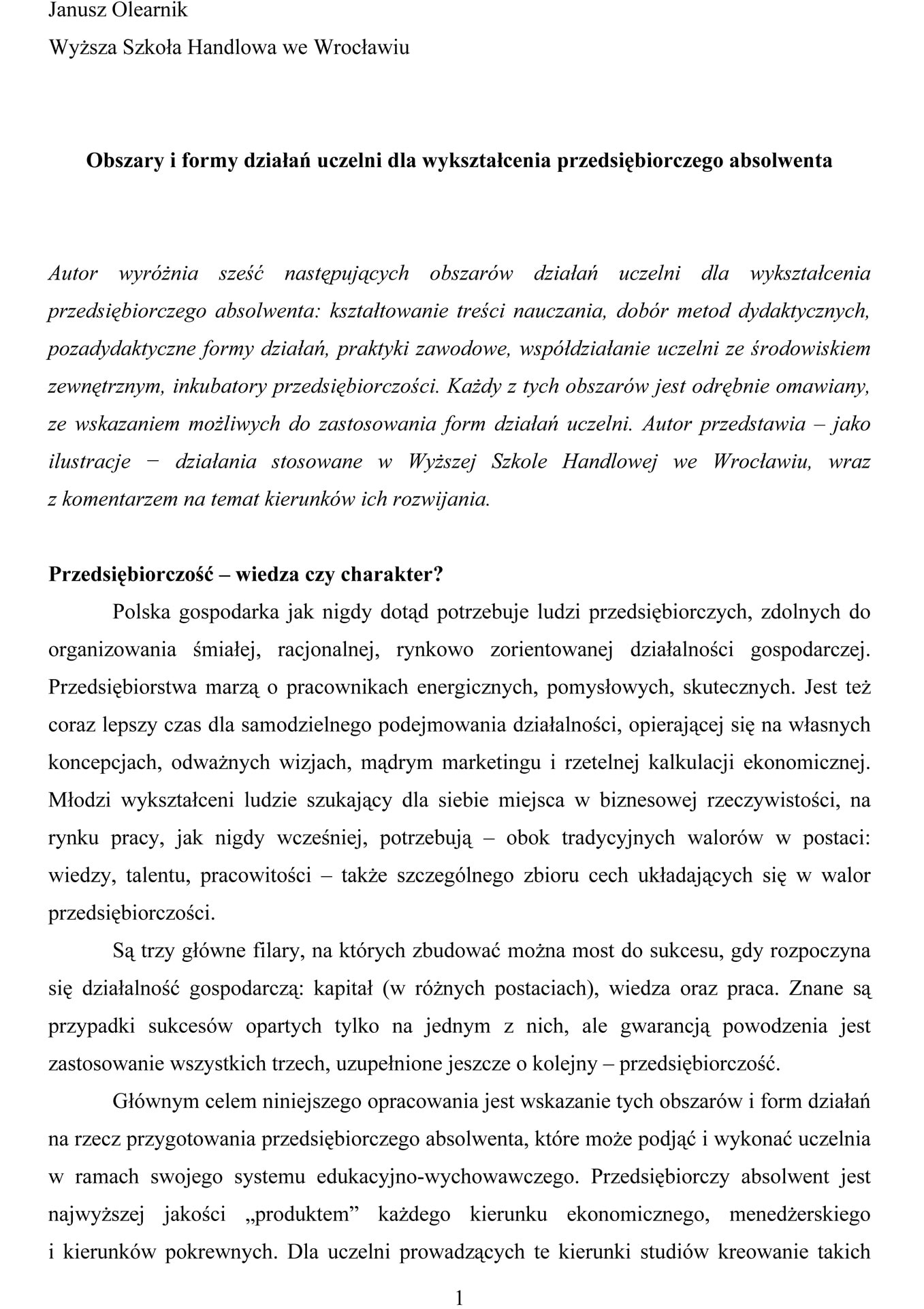 Obszary i formy działań uczelni dla wykształcenia przedsiębiorczego absolwenta