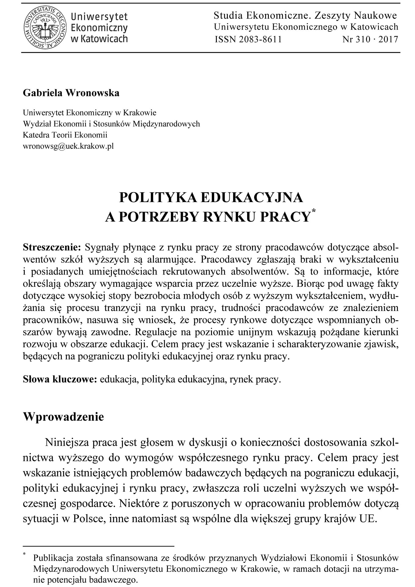 Polityka edukacyjna wobec potrzeb rynku pracy