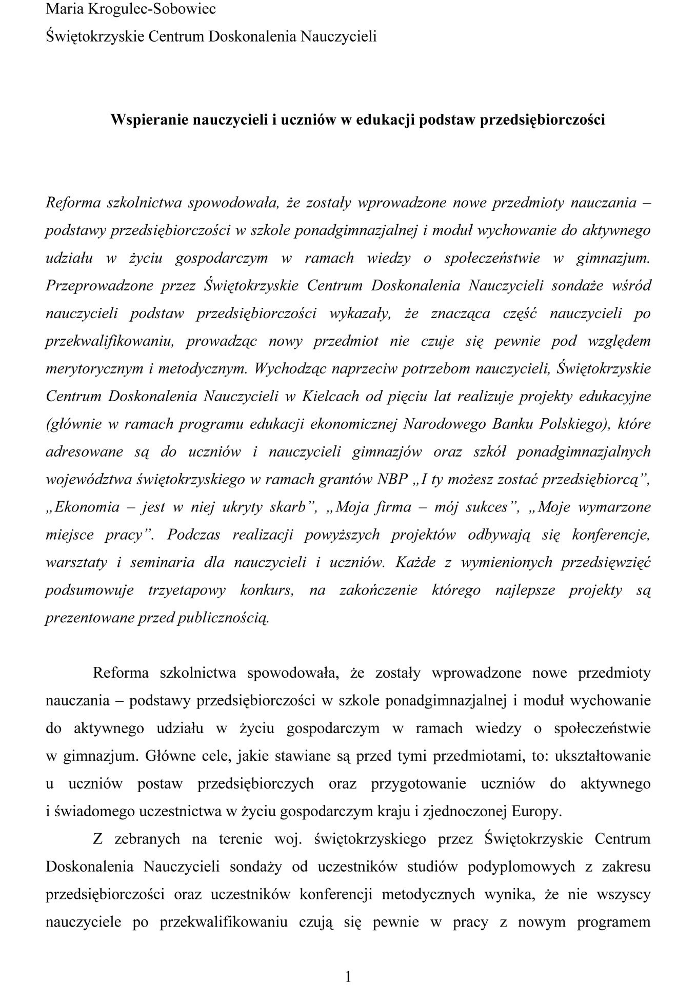 Wspieranie nauczycieli i uczniów w edukacji podstaw przedsiębiorczości