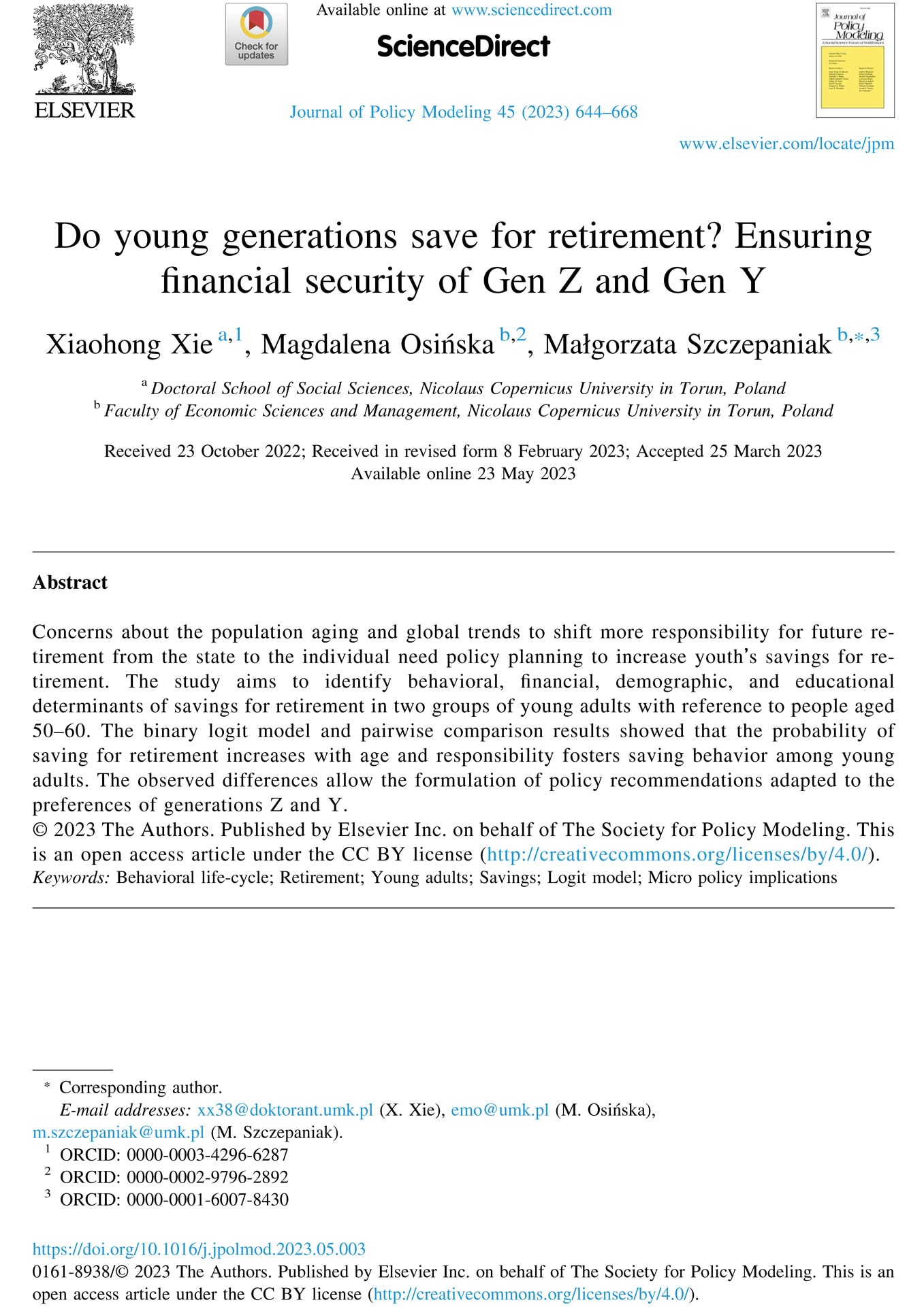 Do young generations save for retirement? Ensuring financial security of Gen Z and Gen Y (Czy młode pokolenia oszczędzają na emeryturę? Zapewnienie bezpieczeństwa finansowego pokoleniu Z i pokoleniu Y)