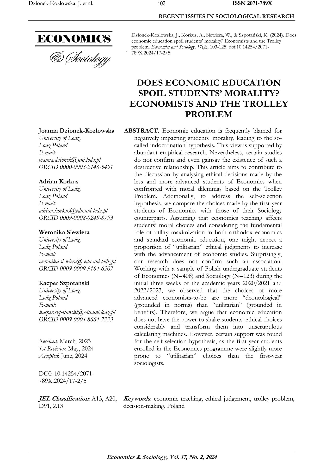 Does economic education spoil students’ morality? Economists and the Trolley problem (Czy edukacja ekonomiczna psuje moralność uczniów? Ekonomiści a problem dylematu wagonika)