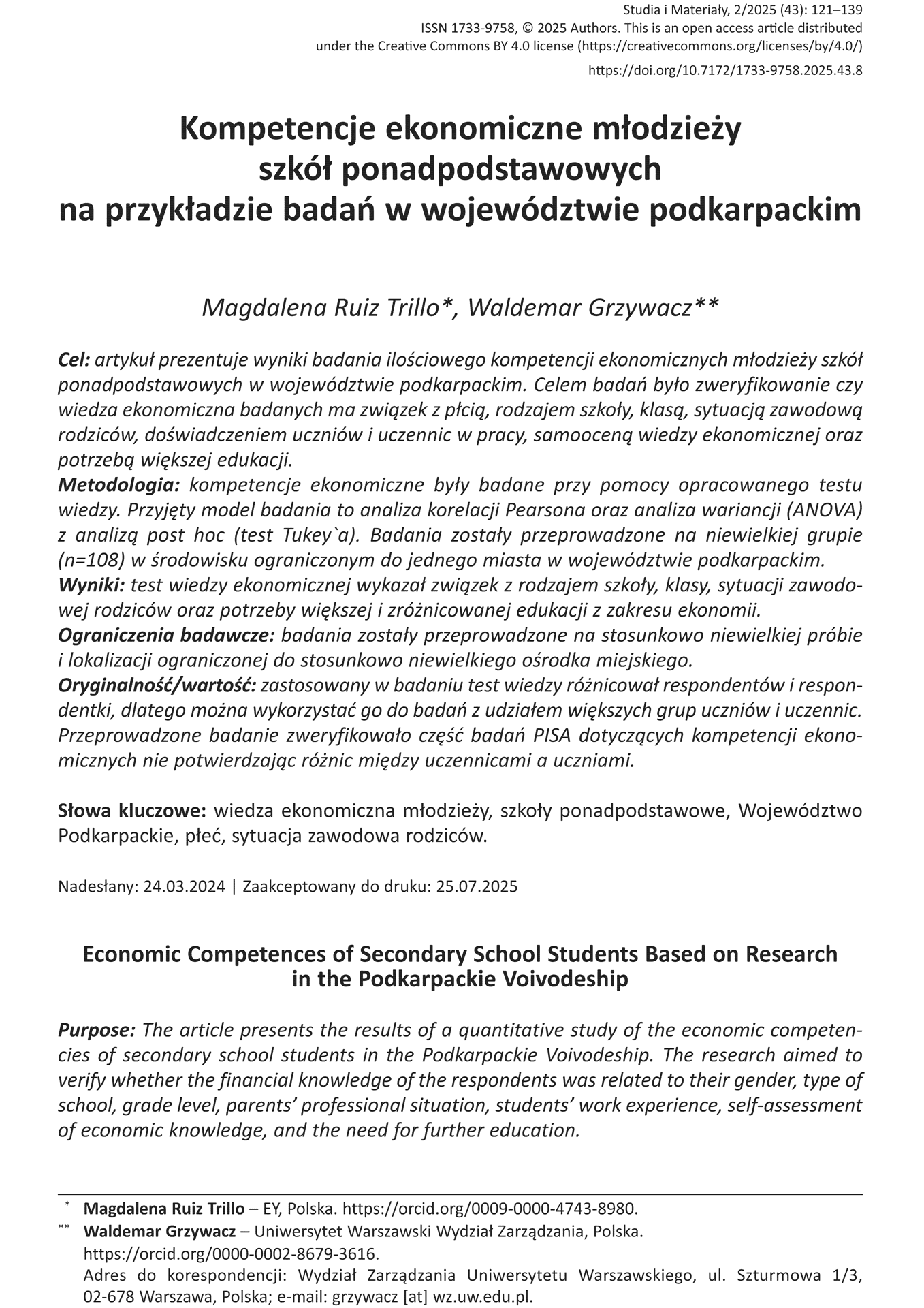 Kompetencje ekonomiczne młodzieży szkół ponadpodstawowych na przykładzie badań w województwie podkarpackim