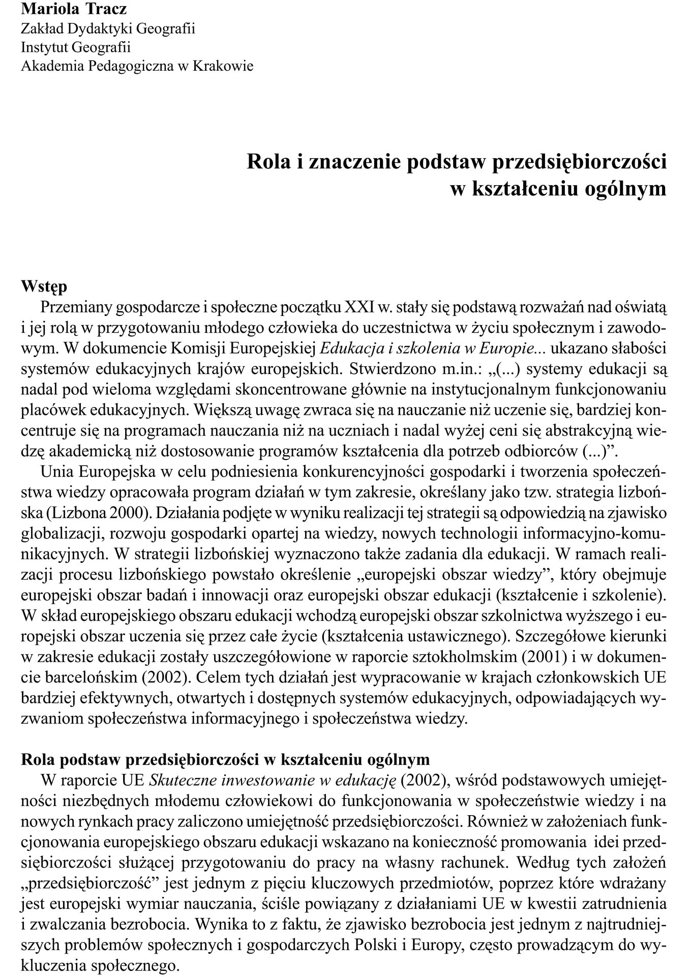Rola i znaczenie „podstaw przedsiębiorczości” w kształceniu ogólnym