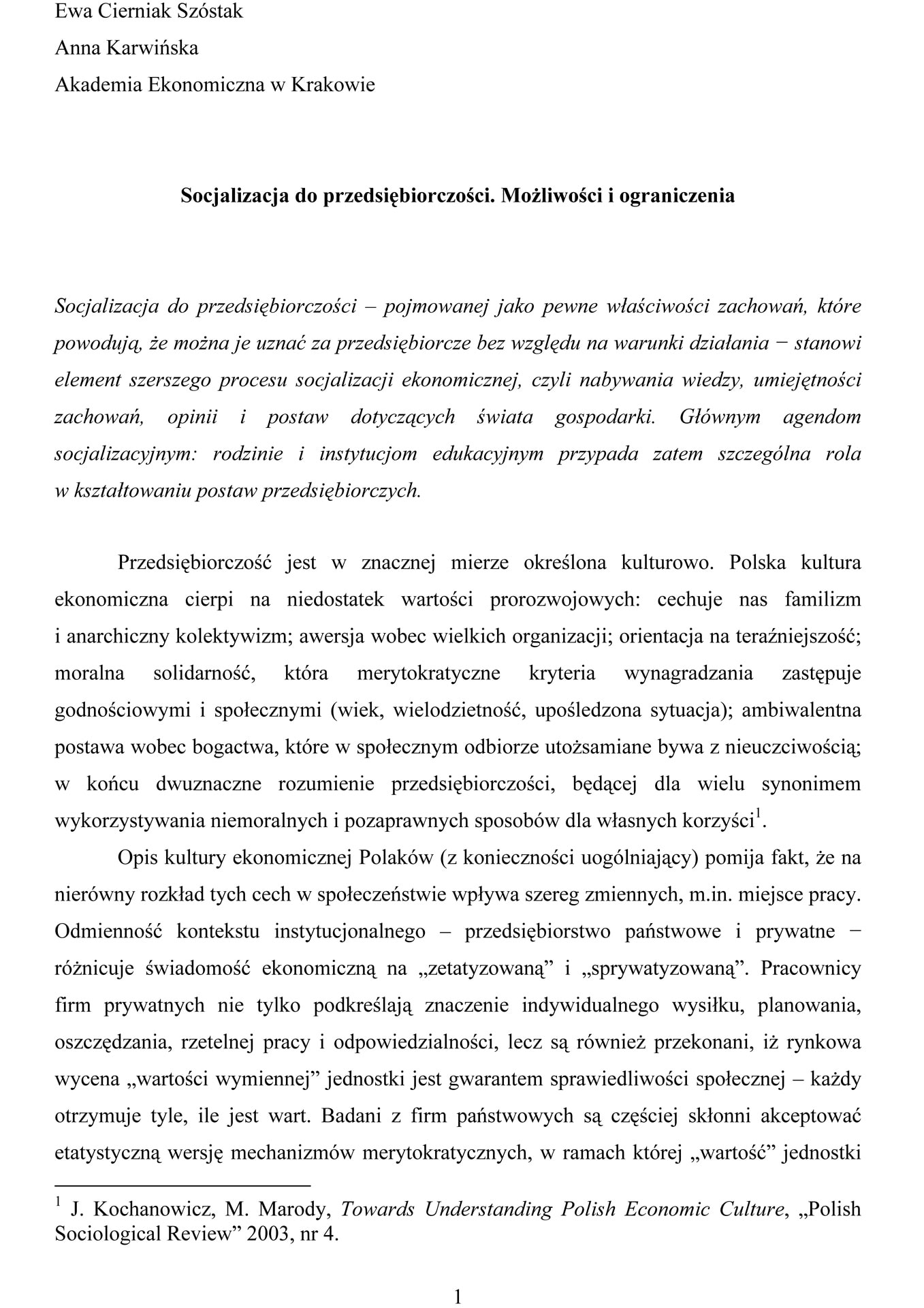 Socjalizacja do przedsiębiorczości. Możliwości i ograniczenia