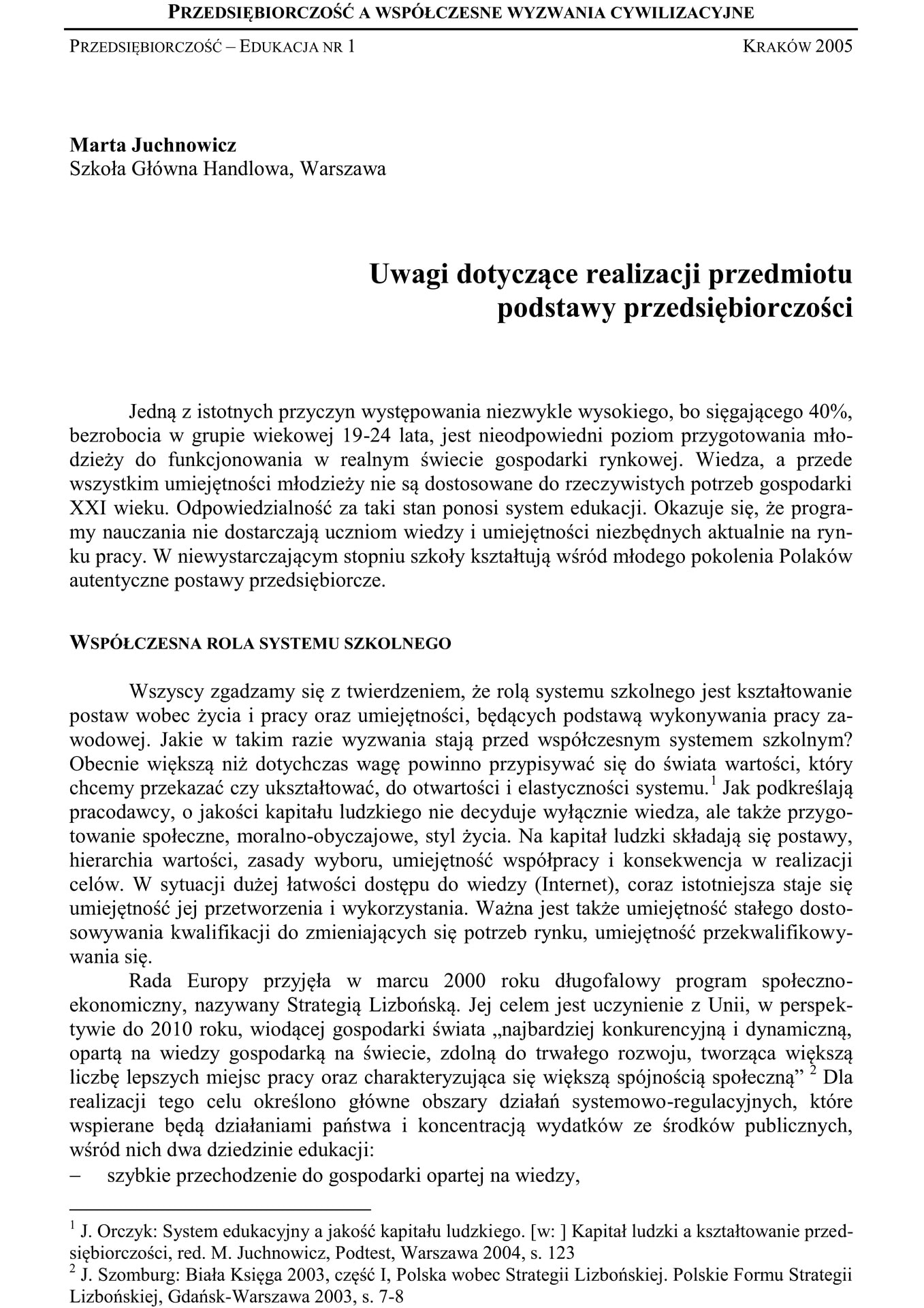 Uwagi dotyczące realizacji przedmiotu podstawy przedsiębiorczości
