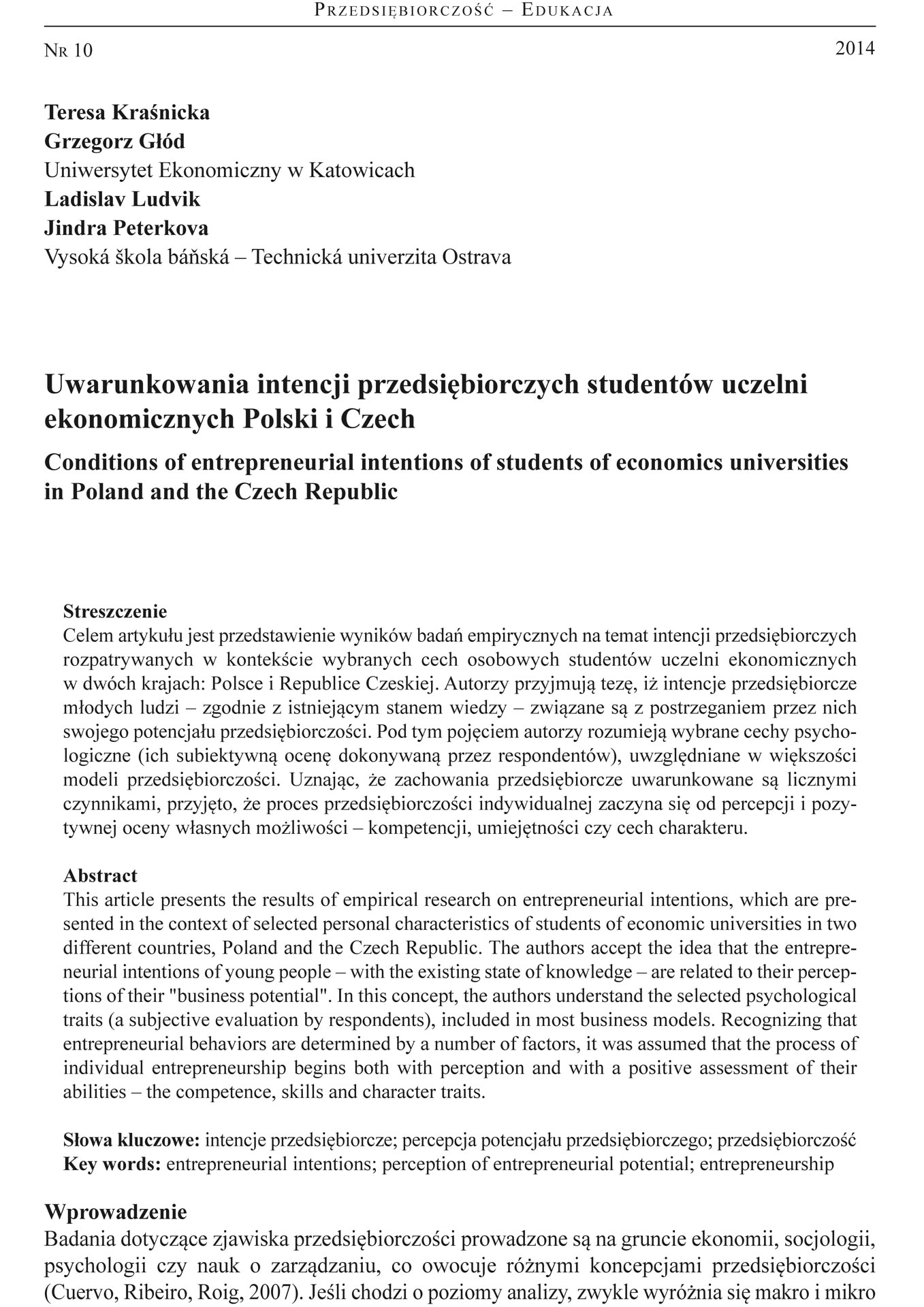 Uwarunkowania intencji przedsiębiorczych studentów uczelni ekonomicznych Polski i Czech