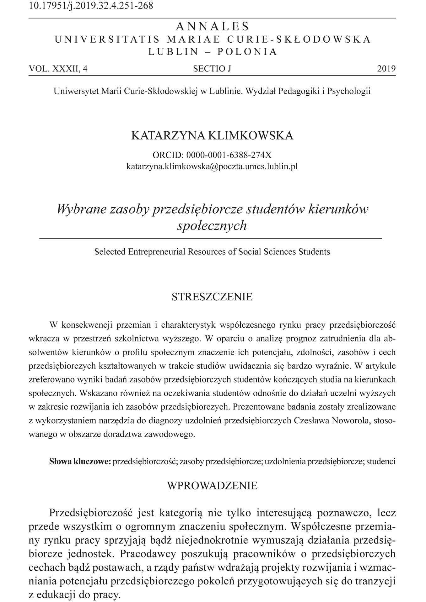 Wybrane zasoby przedsiębiorcze studentów kierunków społecznych