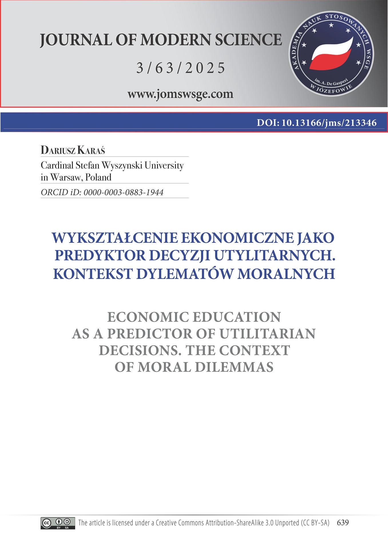 Wykształcenie ekonomiczne jako predyktor decyzji utylitarnych. Kontekst dylematów moralnych
